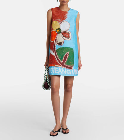 ALM018 Painted Bloom Embellished Linen-viscose Shift Mini Dress