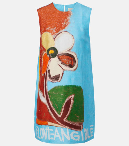 ALM018 Painted Bloom Embellished Linen-viscose Shift Mini Dress