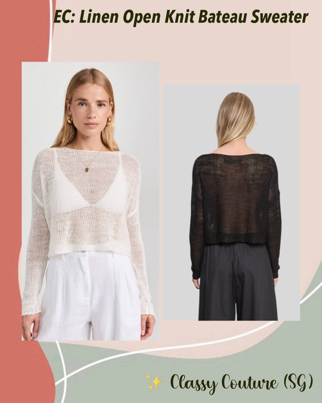 EC Linen Open Knit Sheer Bateau Sweater Cropped Coverup