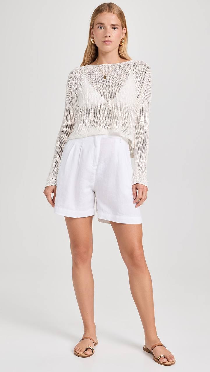 EC Linen Open Knit Sheer Bateau Sweater Cropped Coverup
