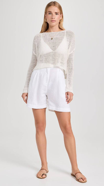 EC Linen Open Knit Sheer Bateau Sweater Cropped Coverup