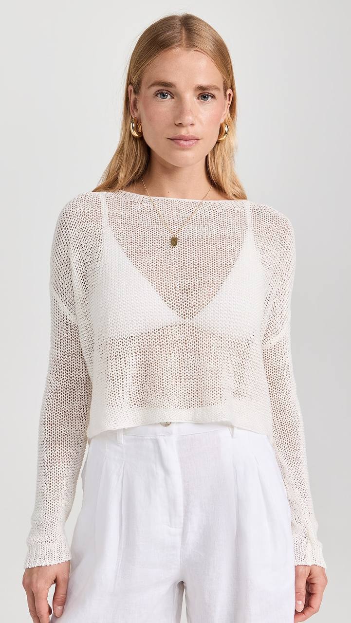 EC Linen Open Knit Sheer Bateau Sweater Cropped Coverup