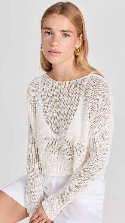 EC Linen Open Knit Sheer Bateau Sweater Cropped Coverup