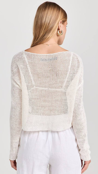EC Linen Open Knit Sheer Bateau Sweater Cropped Coverup