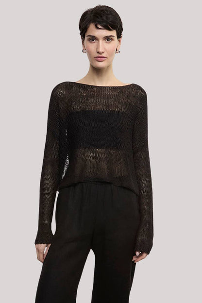 EC Linen Open Knit Sheer Bateau Sweater Cropped Coverup