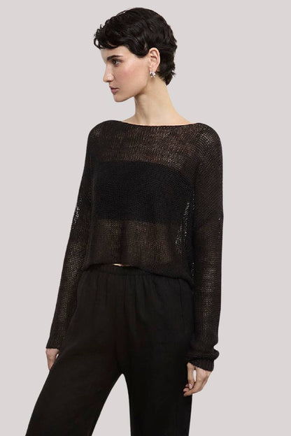 EC Linen Open Knit Sheer Bateau Sweater Cropped Coverup