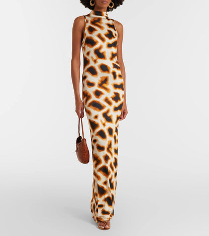 CE Giraffe Animal Print Mock-neck Sleeveless Stretch-viscose Maxi Dress