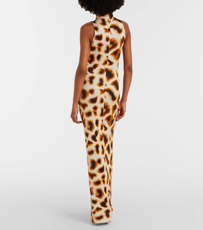 CE Giraffe Animal Print Mock-neck Sleeveless Stretch-viscose Maxi Dress