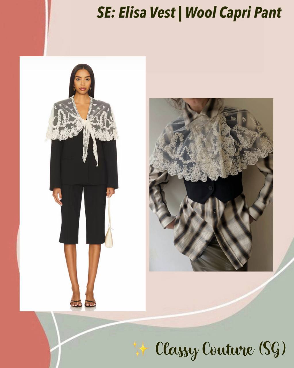SE Elisa Vest with Detachable Scarf Cape | Cropped Capri Pant | Wool-blend Set