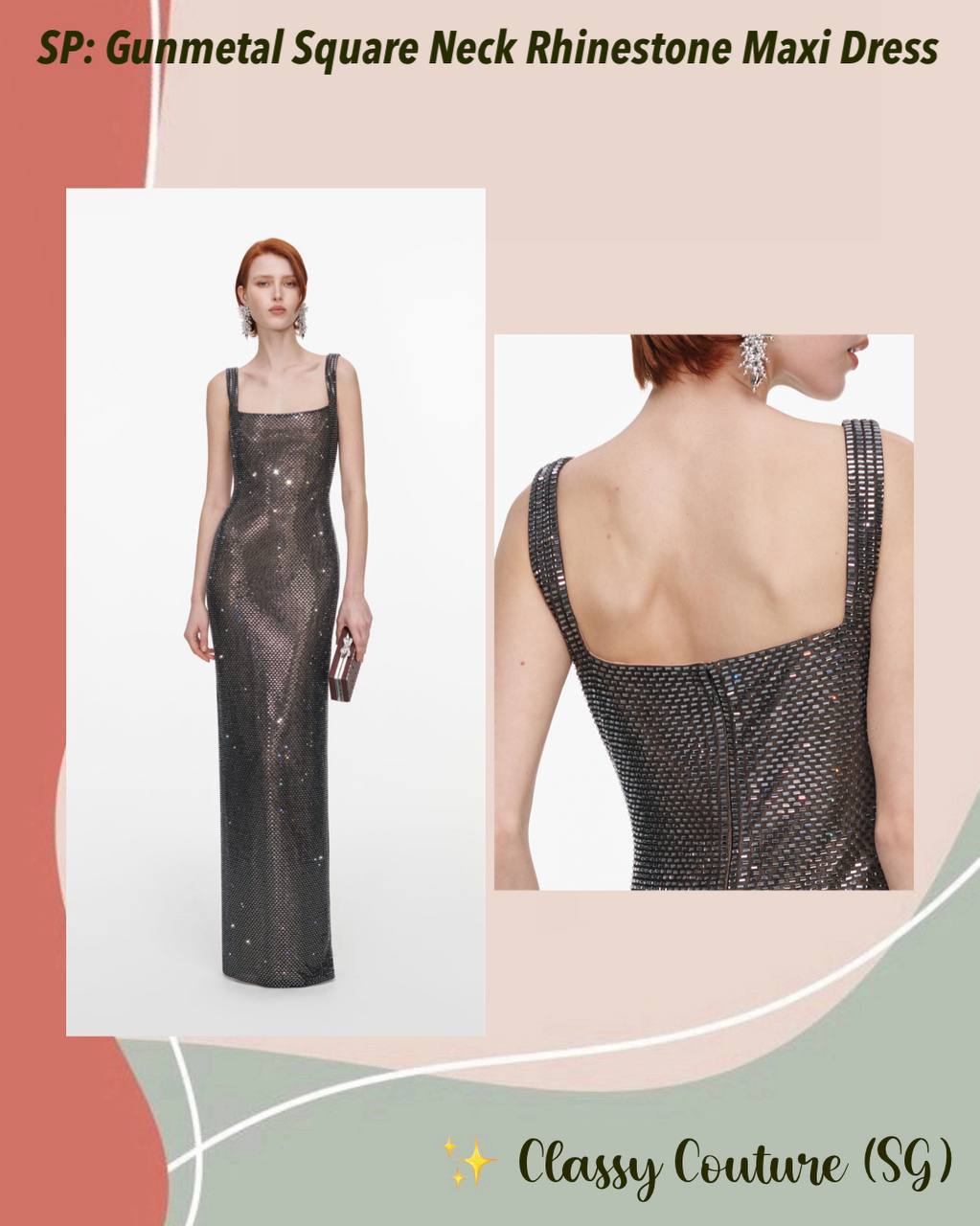 SP Gunmetal Square Neck Rhinestone Maxi Dress