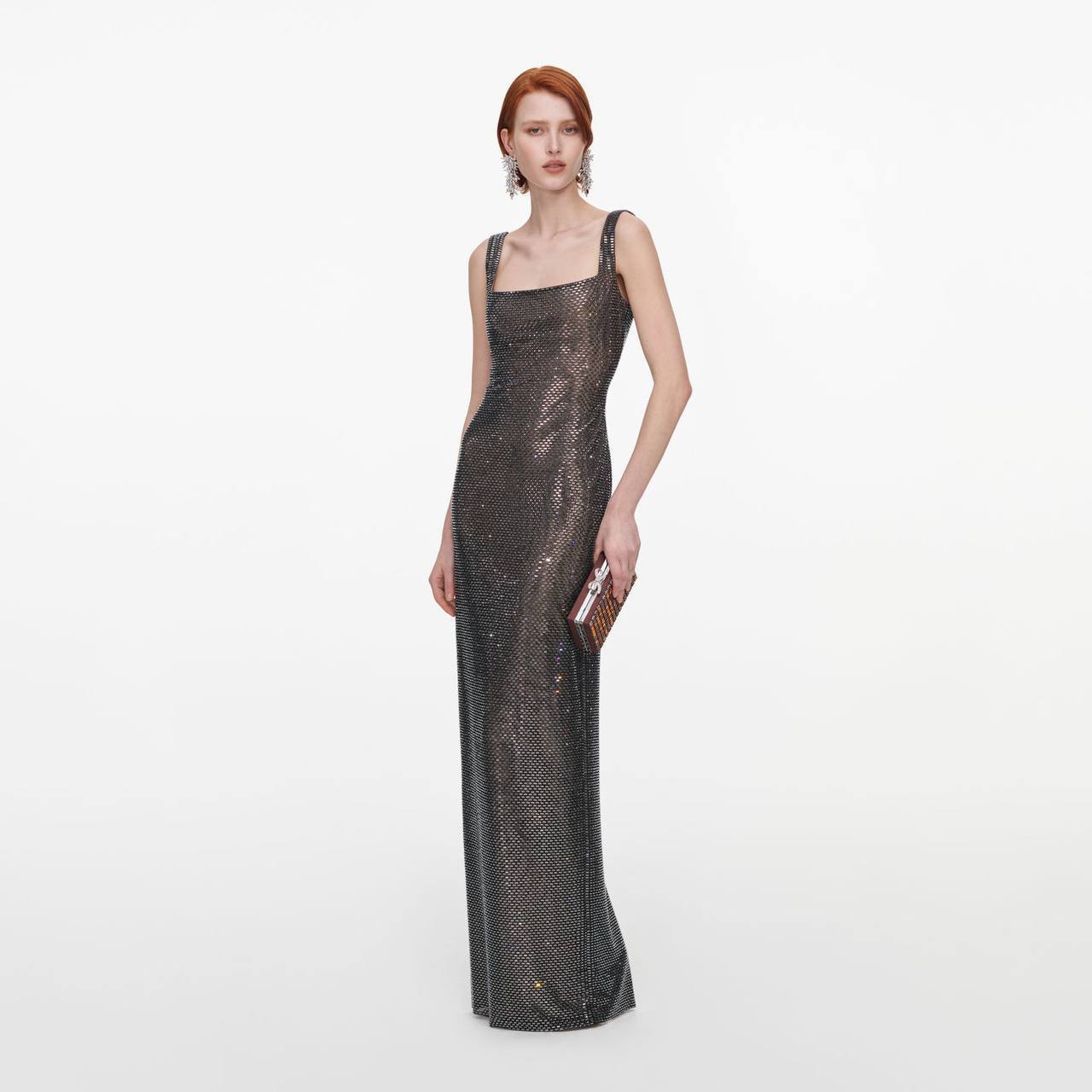 SP Gunmetal Square Neck Rhinestone Maxi Dress