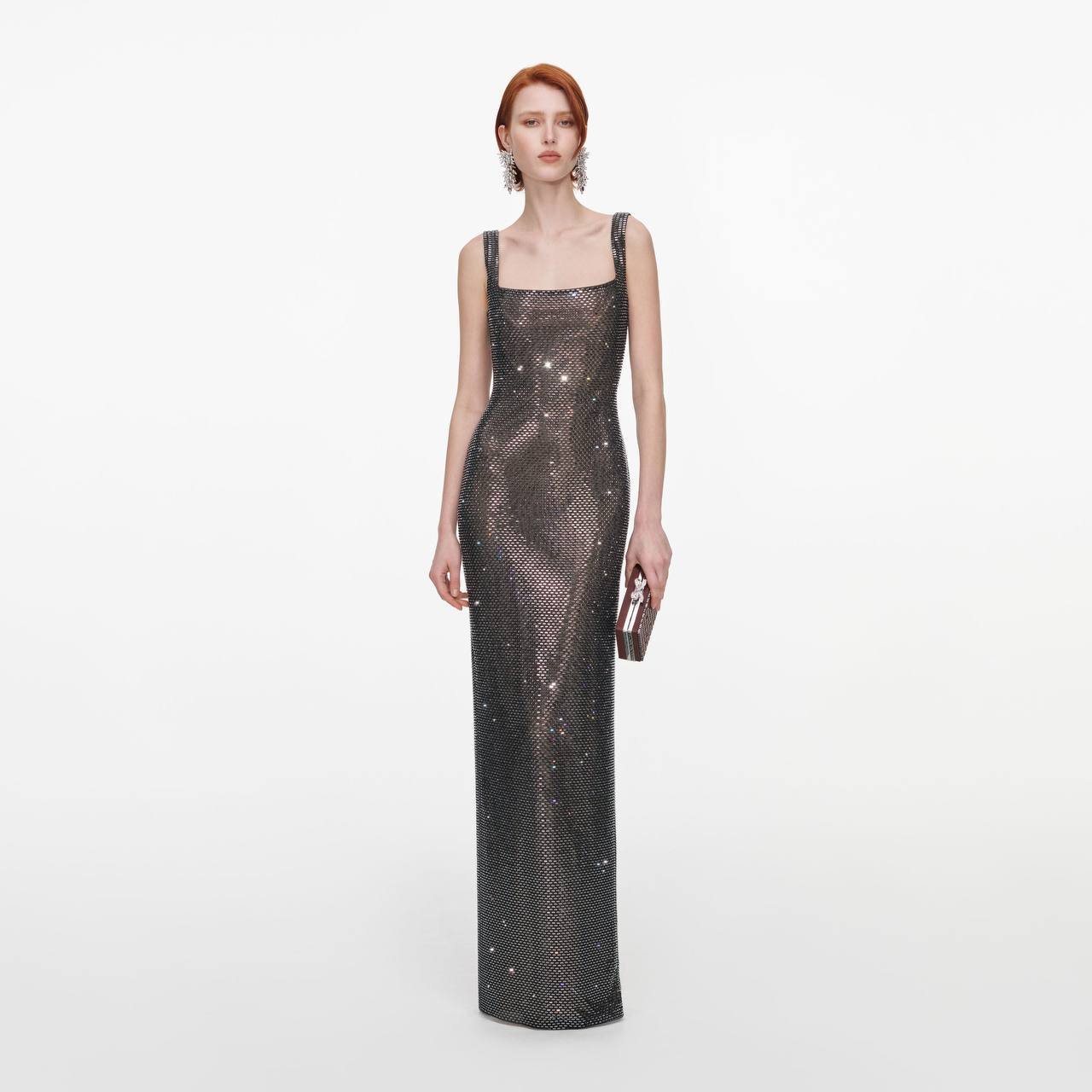 SP Gunmetal Square Neck Rhinestone Maxi Dress