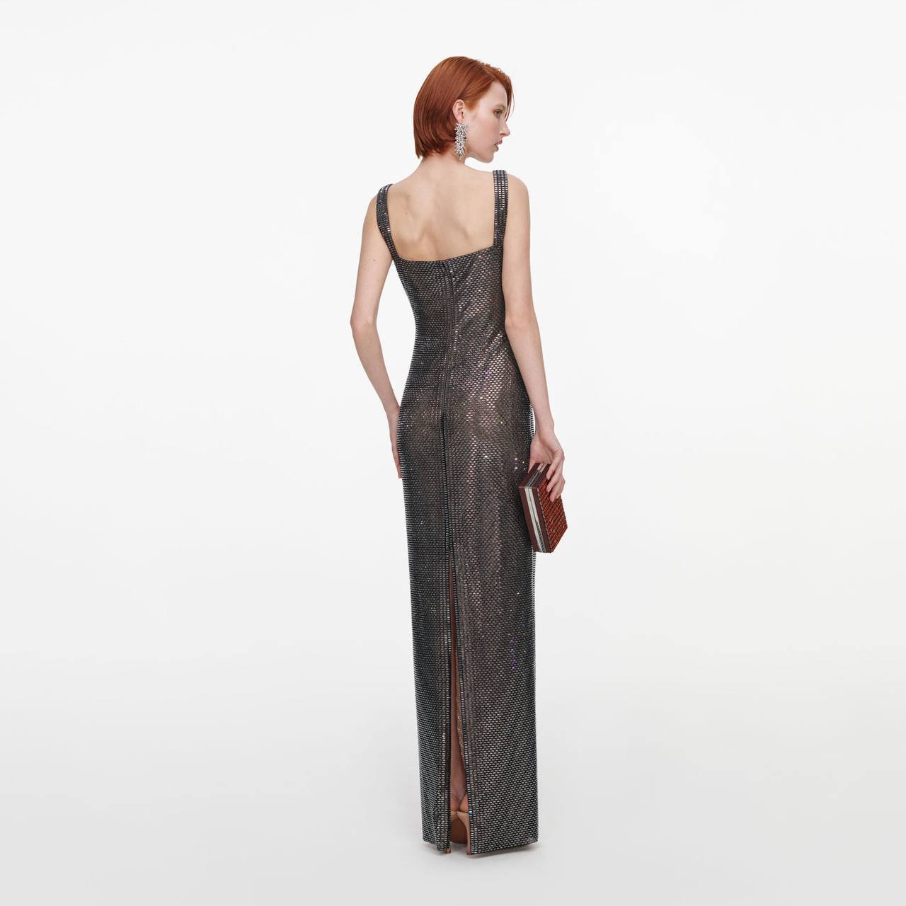 SP Gunmetal Square Neck Rhinestone Maxi Dress