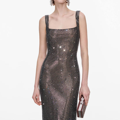 SP Gunmetal Square Neck Rhinestone Maxi Dress