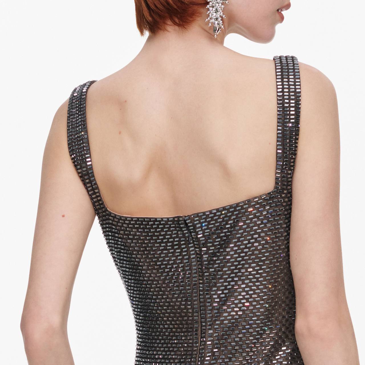 SP Gunmetal Square Neck Rhinestone Maxi Dress