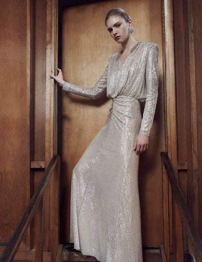 SP Champagne Rhinestone Embellished Maxi Dress