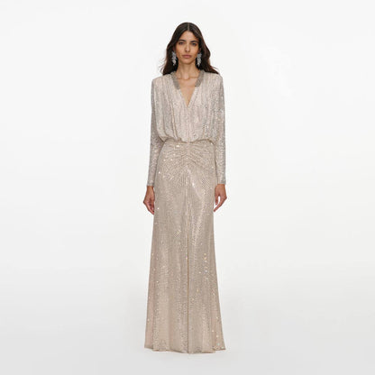 SP Champagne Rhinestone Embellished Maxi Dress