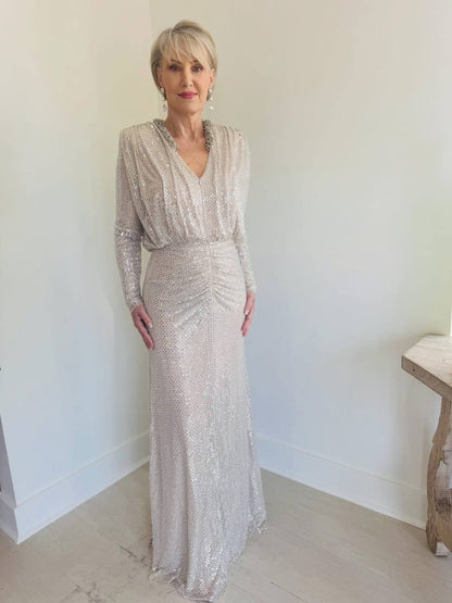SP Champagne Rhinestone Embellished Maxi Dress