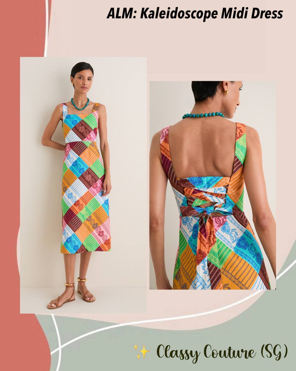 ALM031 Fiesta Diagonal Patchwork Lace-back Linen Midi Dress