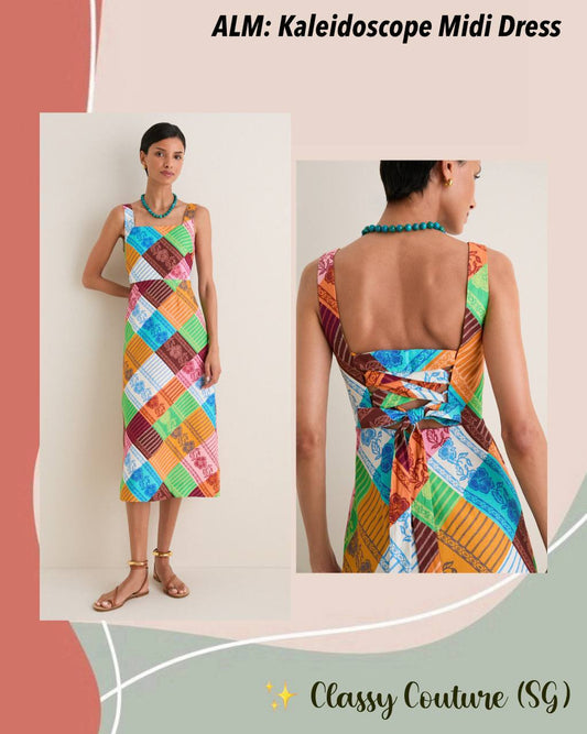 ALM031 Fiesta Diagonal Patchwork Lace-back Linen Midi Dress
