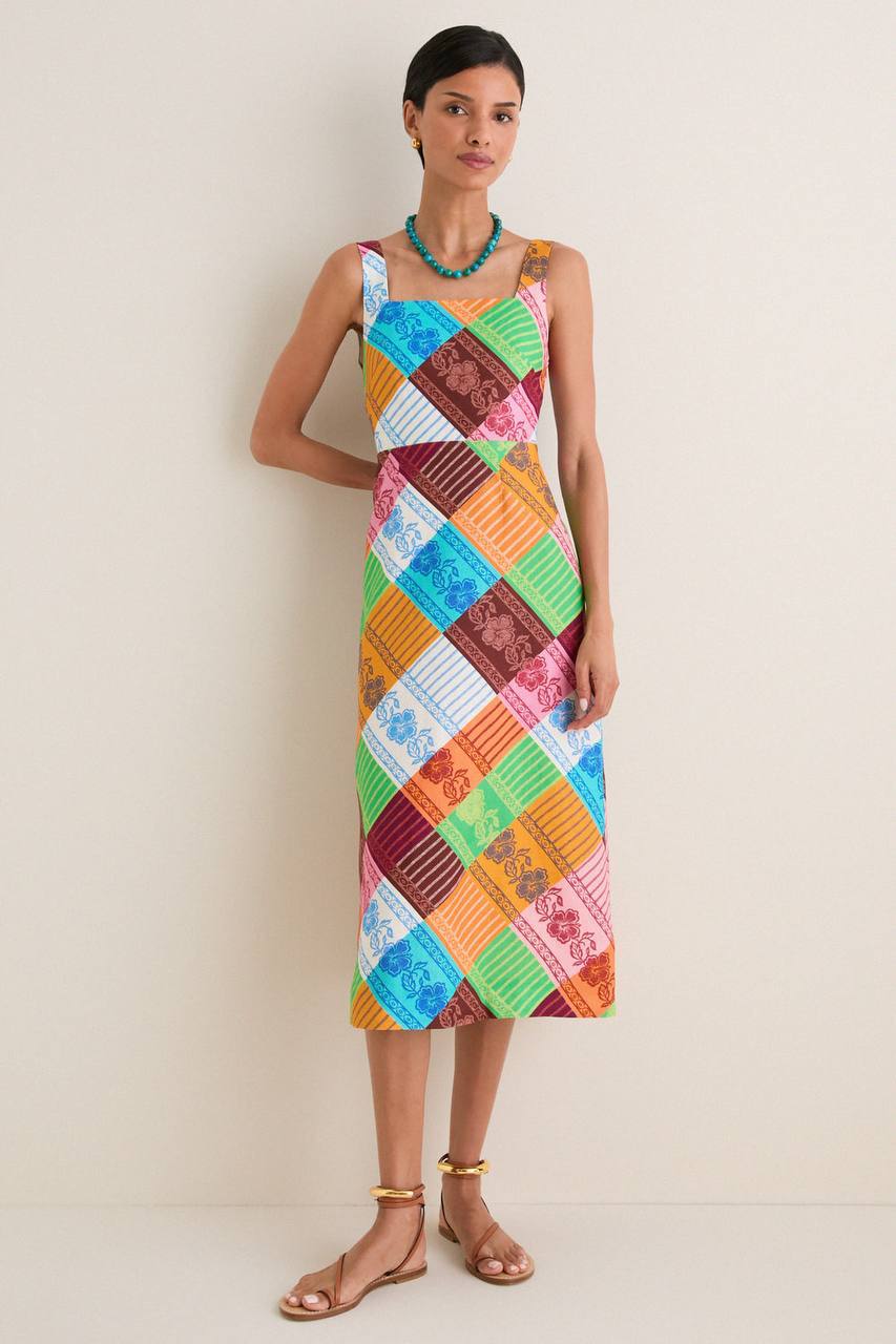 ALM031 Fiesta Diagonal Patchwork Lace-back Linen Midi Dress
