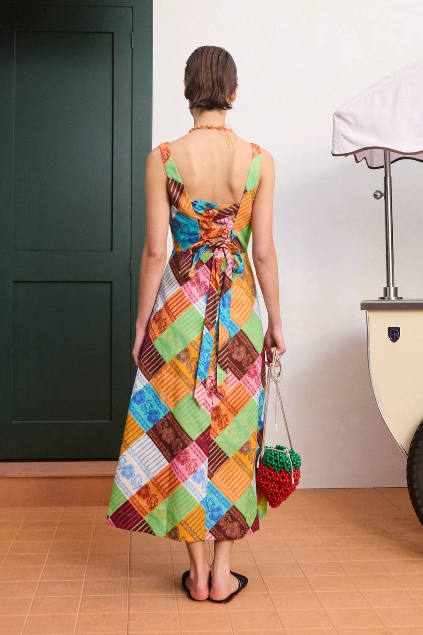 ALM031 Fiesta Diagonal Patchwork Lace-back Linen Midi Dress