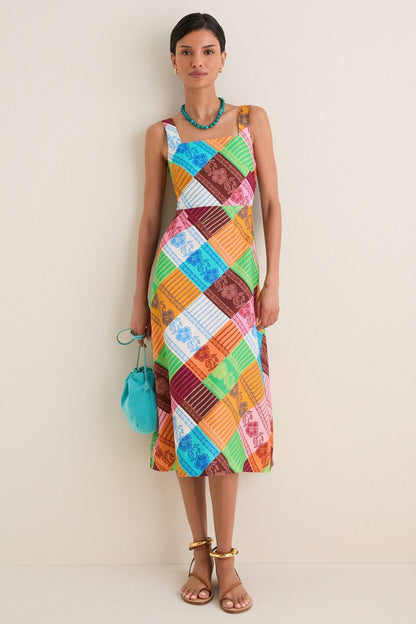 ALM031 Fiesta Diagonal Patchwork Lace-back Linen Midi Dress