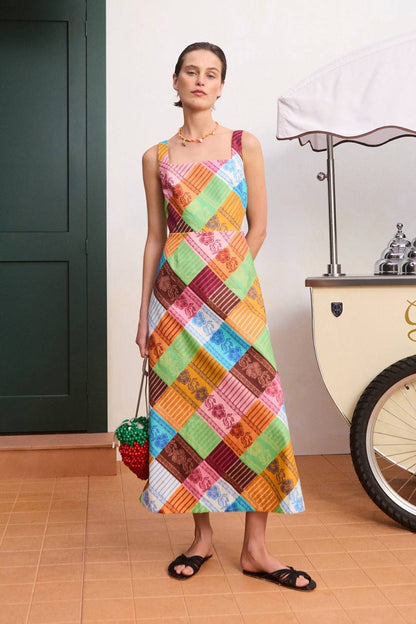 ALM031 Fiesta Diagonal Patchwork Lace-back Linen Midi Dress