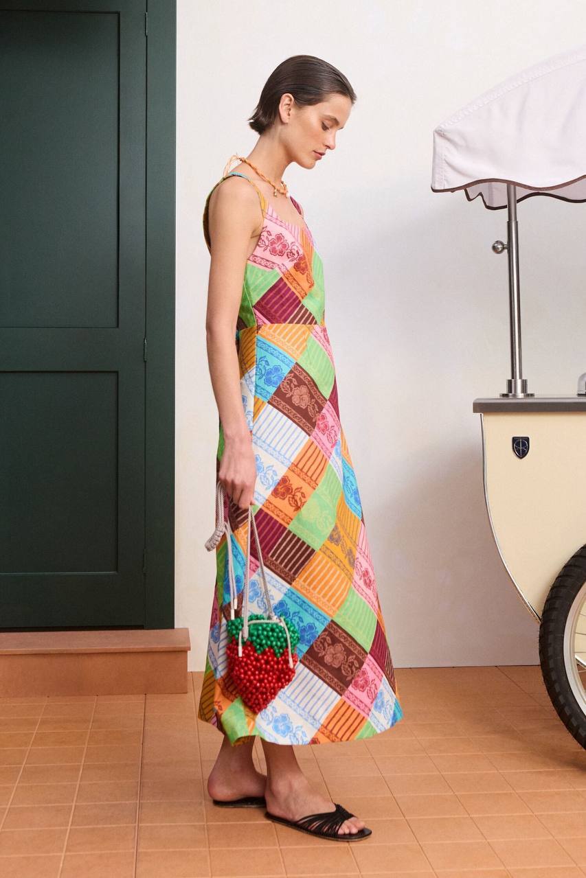 ALM031 Fiesta Diagonal Patchwork Lace-back Linen Midi Dress