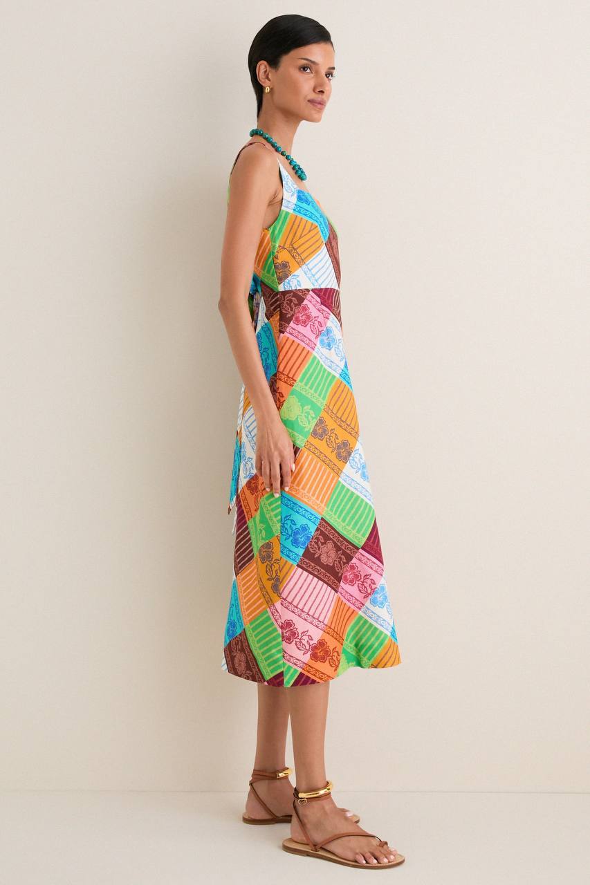 ALM031 Fiesta Diagonal Patchwork Lace-back Linen Midi Dress