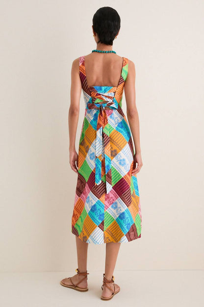 ALM031 Fiesta Diagonal Patchwork Lace-back Linen Midi Dress