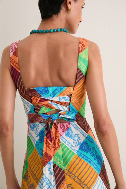 ALM031 Fiesta Diagonal Patchwork Lace-back Linen Midi Dress