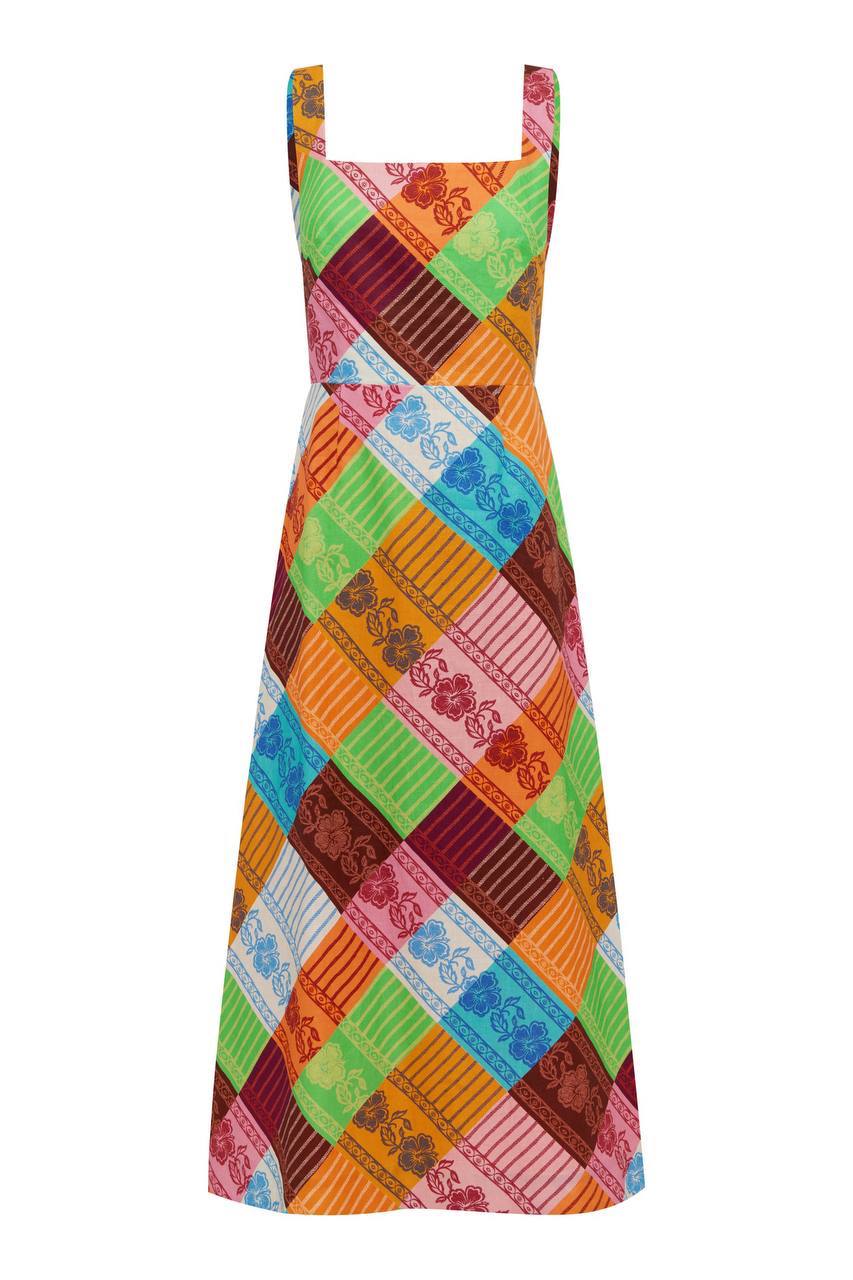 ALM031 Fiesta Diagonal Patchwork Lace-back Linen Midi Dress