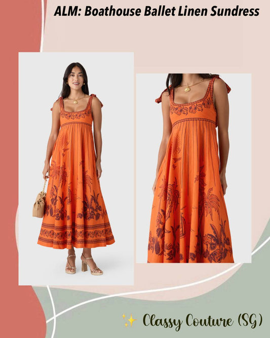 ALM033 Tangerine Sunset Toile Ballet Linen Sundress Midi Dress