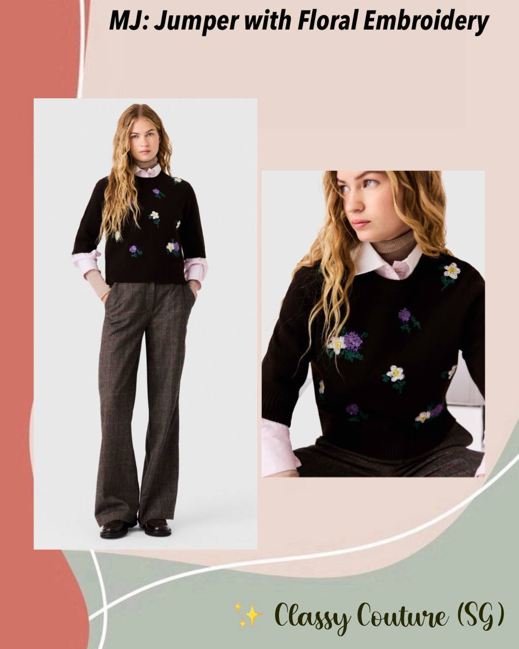 Brown Wool-blend Mid-Sleeve Jumper Sweater Top with Beaded Floral Embroidery