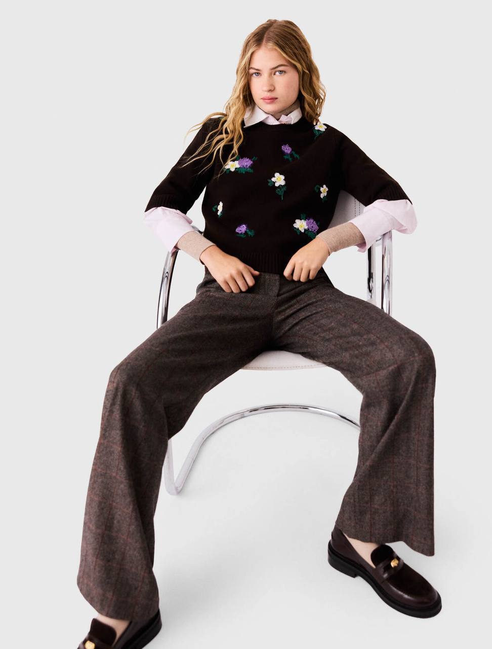 Brown Wool-blend Mid-Sleeve Jumper Sweater Top with Beaded Floral Embroidery
