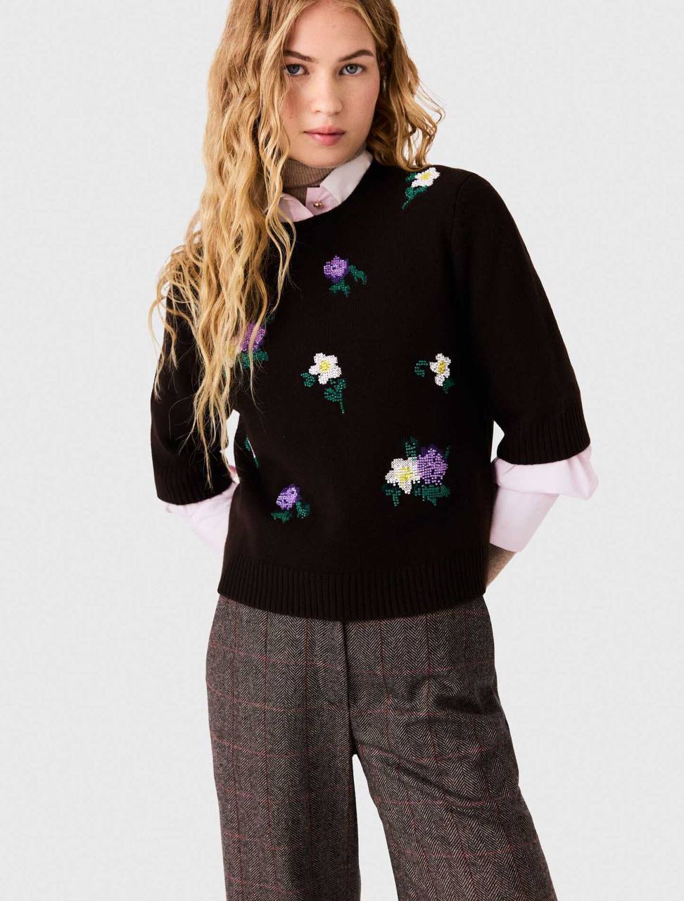 Brown Wool-blend Mid-Sleeve Jumper Sweater Top with Beaded Floral Embroidery