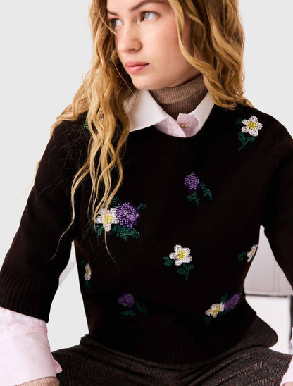 Brown Wool-blend Mid-Sleeve Jumper Sweater Top with Beaded Floral Embroidery