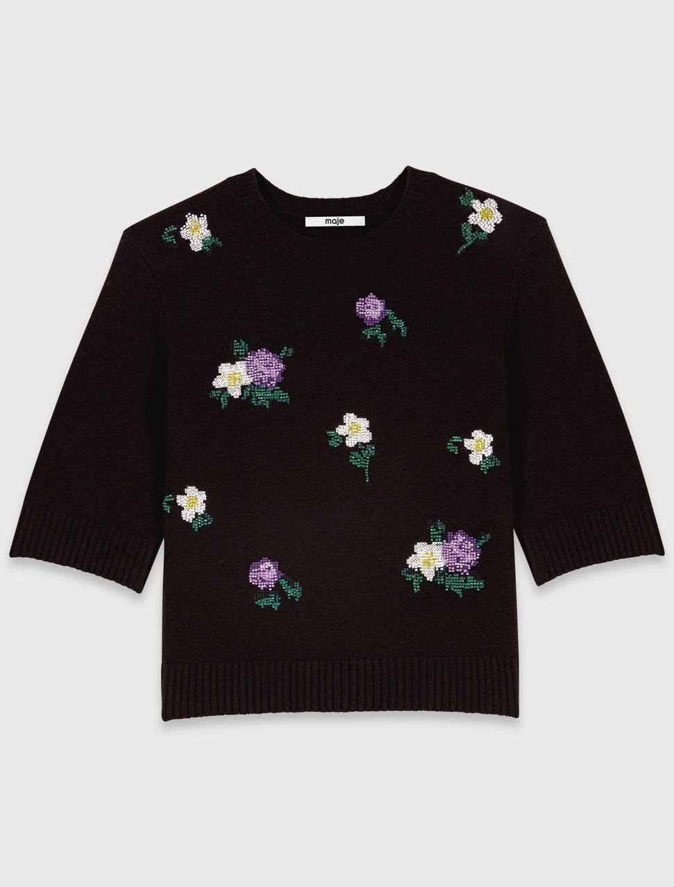 Brown Wool-blend Mid-Sleeve Jumper Sweater Top with Beaded Floral Embroidery