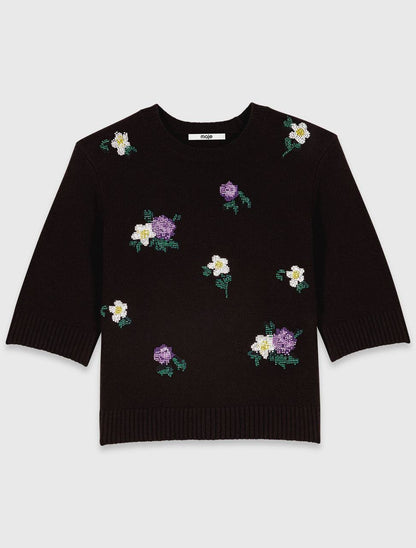 Brown Wool-blend Mid-Sleeve Jumper Sweater Top with Beaded Floral Embroidery