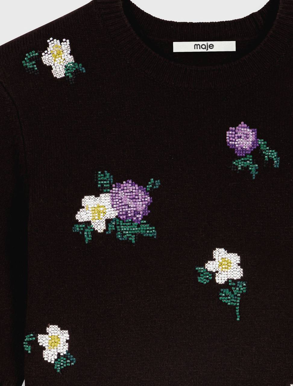 Brown Wool-blend Mid-Sleeve Jumper Sweater Top with Beaded Floral Embroidery