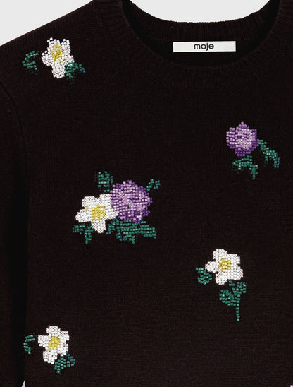 Brown Wool-blend Mid-Sleeve Jumper Sweater Top with Beaded Floral Embroidery