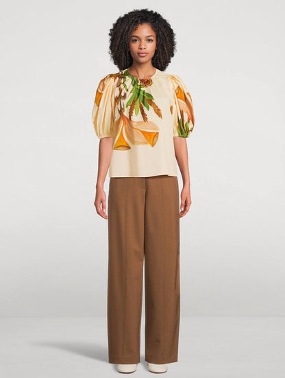 UJ Ravena Printed Cotton Puff-sleeve Blouse Top