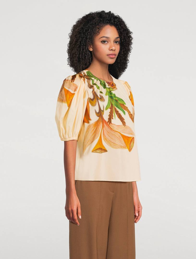 UJ Ravena Printed Cotton Puff-sleeve Blouse Top