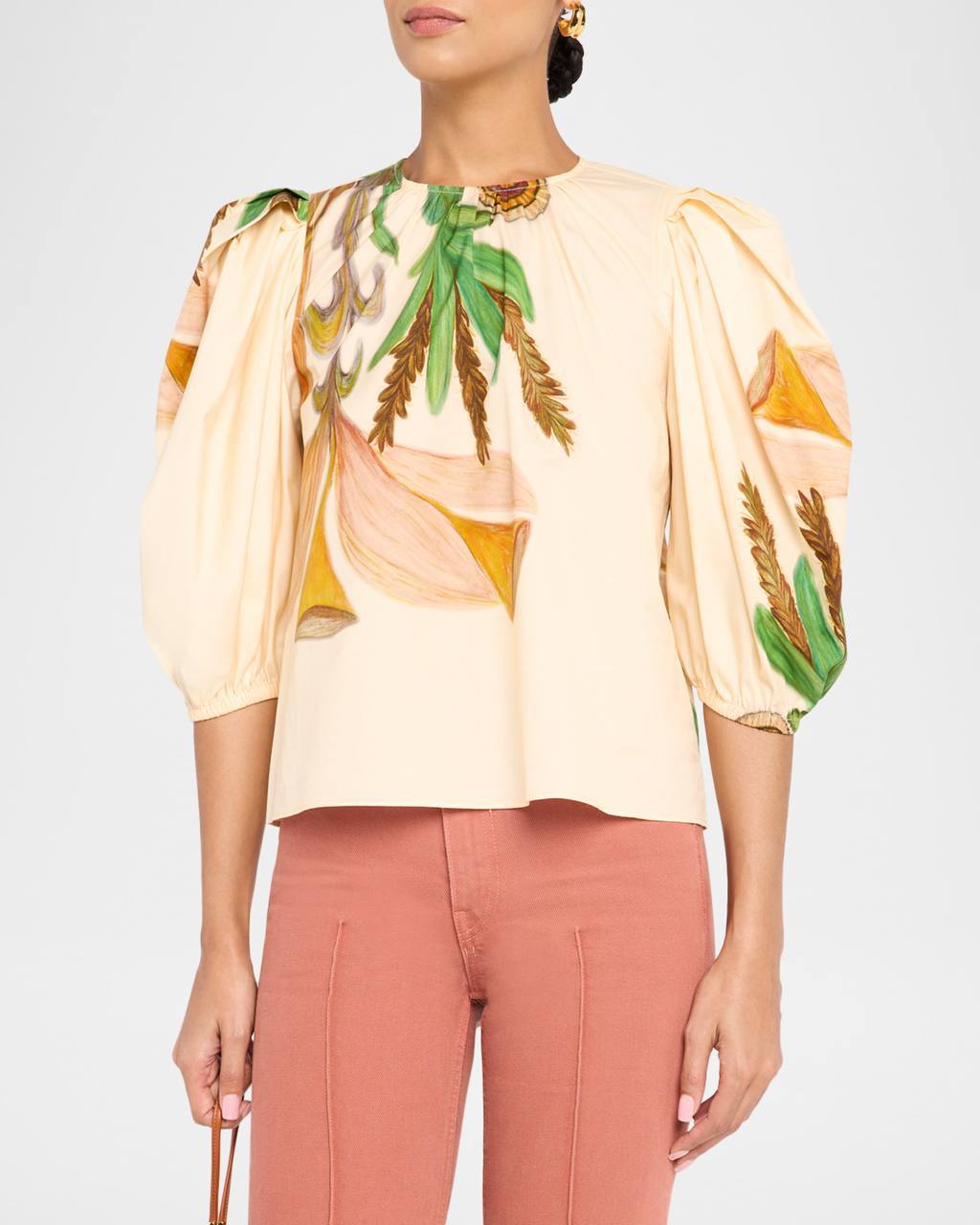 UJ Ravena Printed Cotton Puff-sleeve Blouse Top