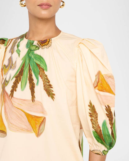 UJ Ravena Printed Cotton Puff-sleeve Blouse Top