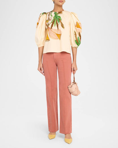 UJ Ravena Printed Cotton Puff-sleeve Blouse Top