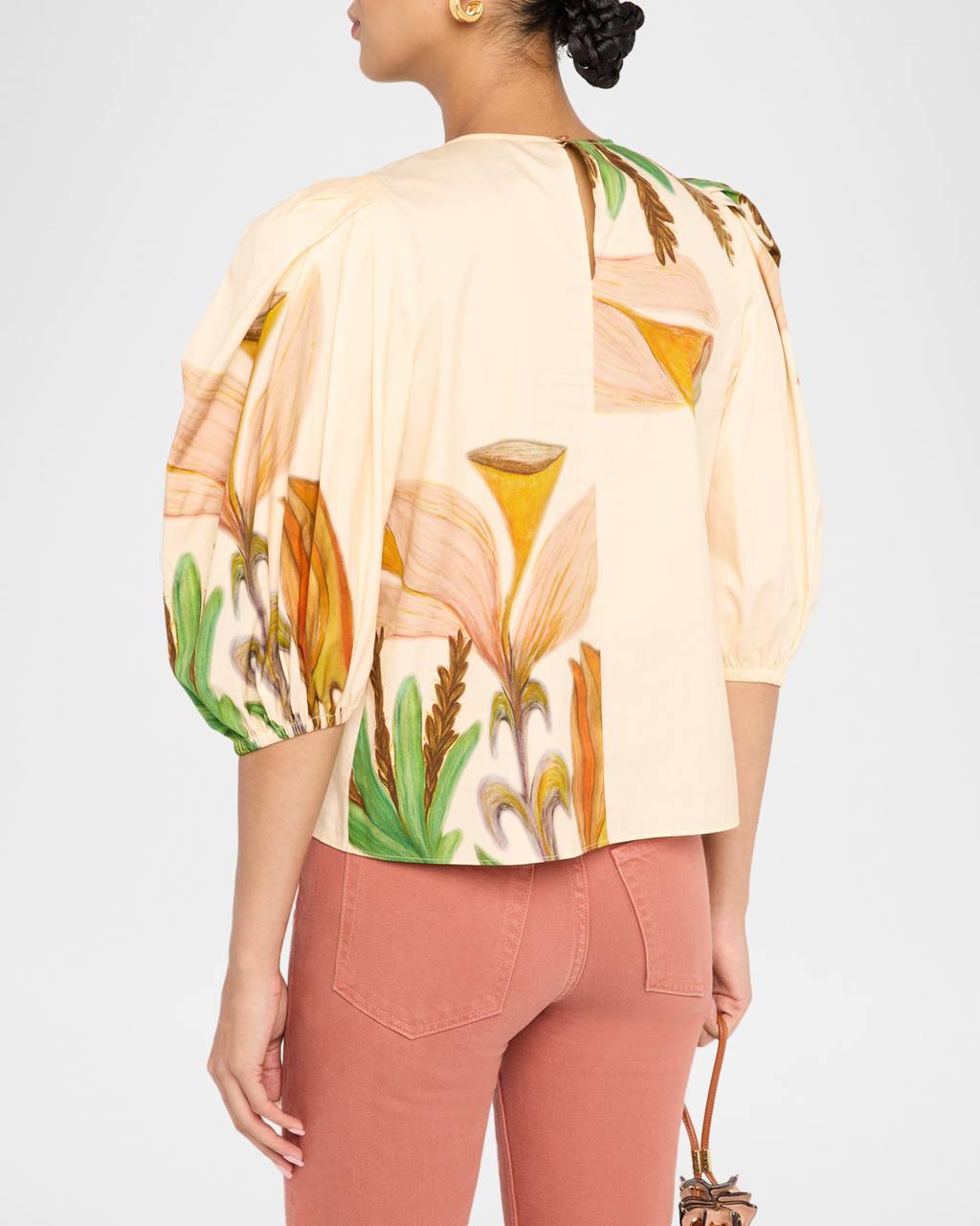 UJ Ravena Printed Cotton Puff-sleeve Blouse Top