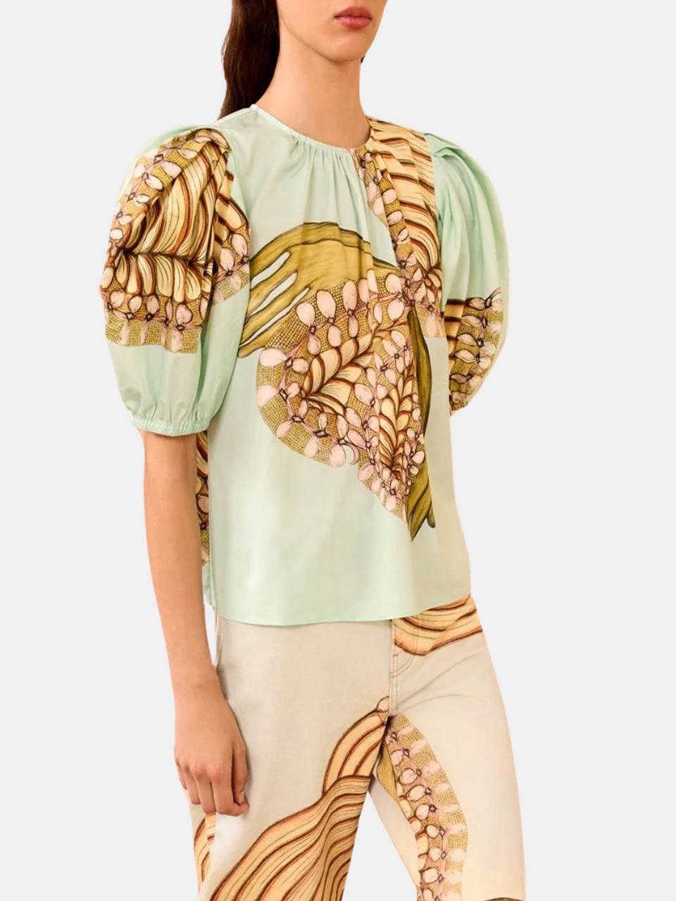 UJ Ravena Printed Cotton Puff-sleeve Blouse Top