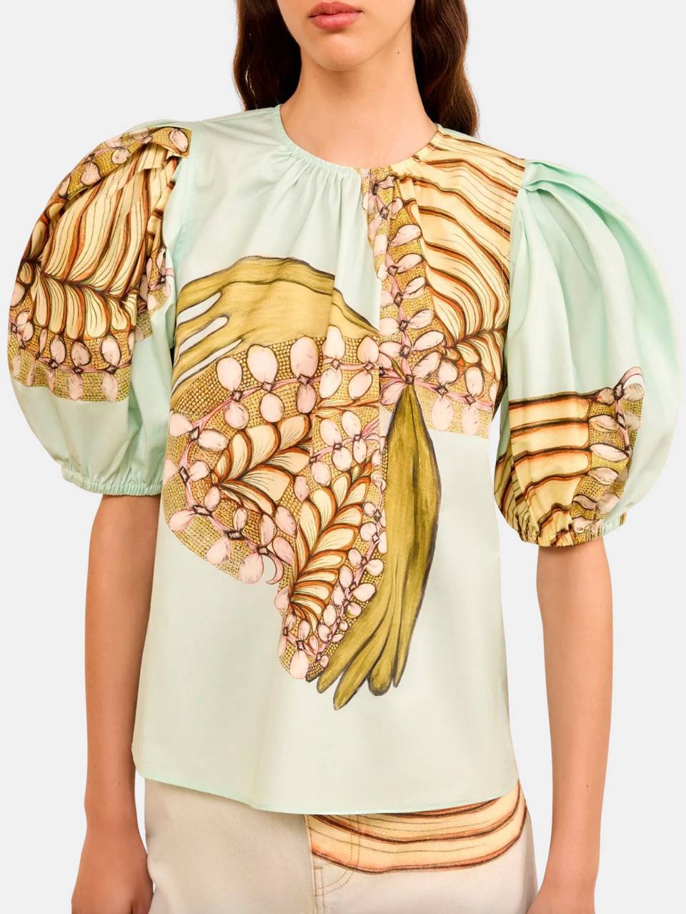 UJ Ravena Printed Cotton Puff-sleeve Blouse Top